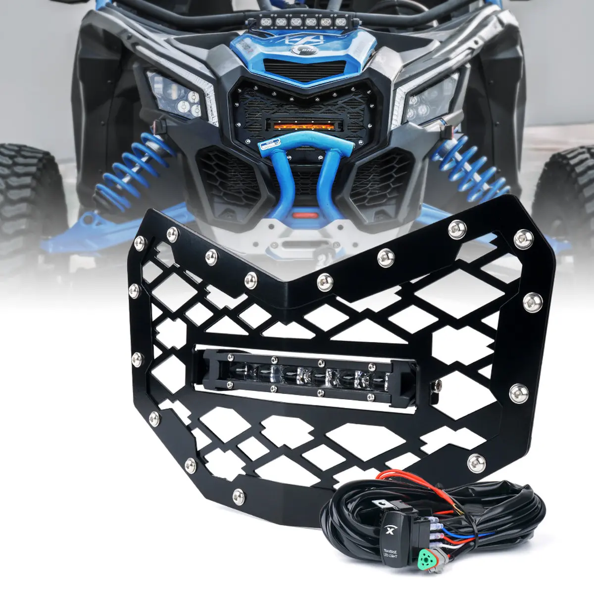 Xprite Black Steel Mesh Grille With 8" Led Lightbar For 2017-18 Can-Am Maverick X3 1