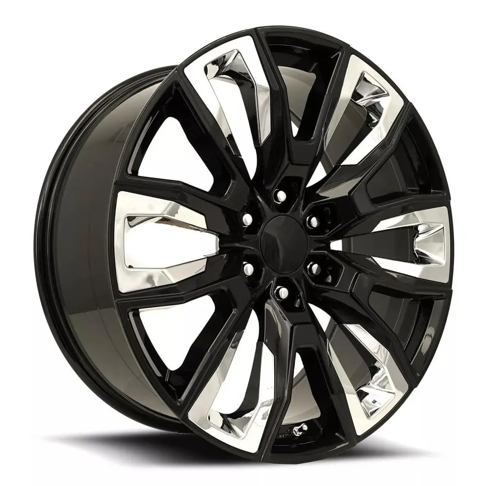 22X9 Fr207 Gm Split 6 Spoke -Gloss Black & Chrome Inserts Wheel Oem Style 1